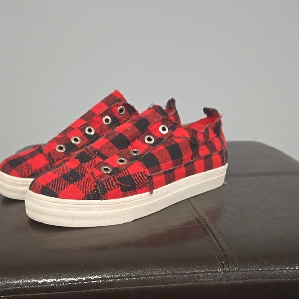 Red and Black Plaid Sneakers with Platform Sole